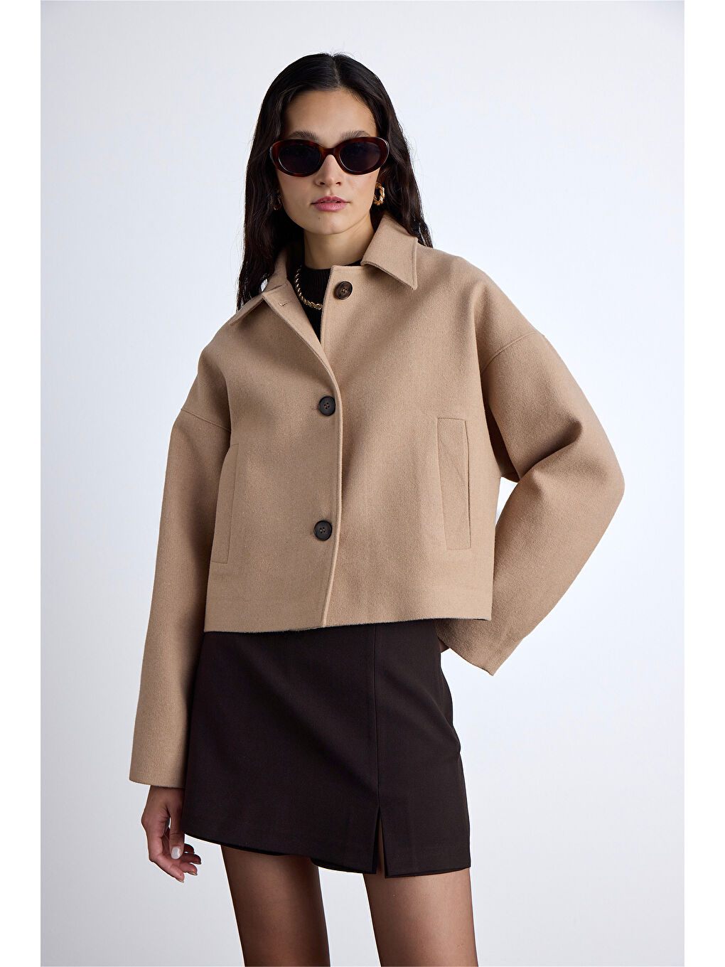 Kahverengi Dori Kısa Kaşe Kaban Camel