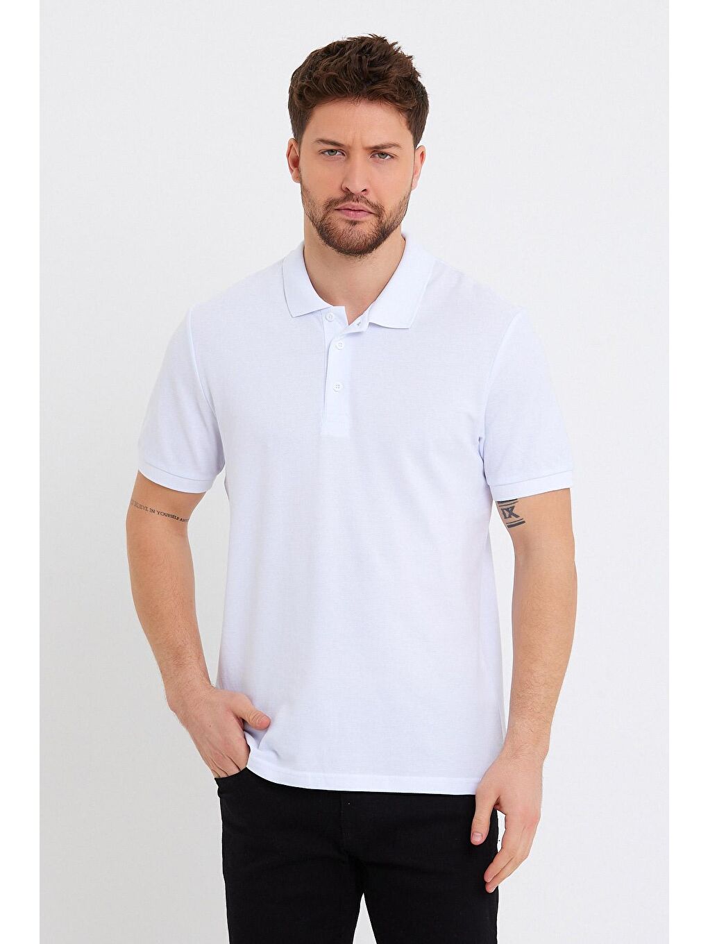 Beyaz Polo Yaka Basic Erkek Tişört-3