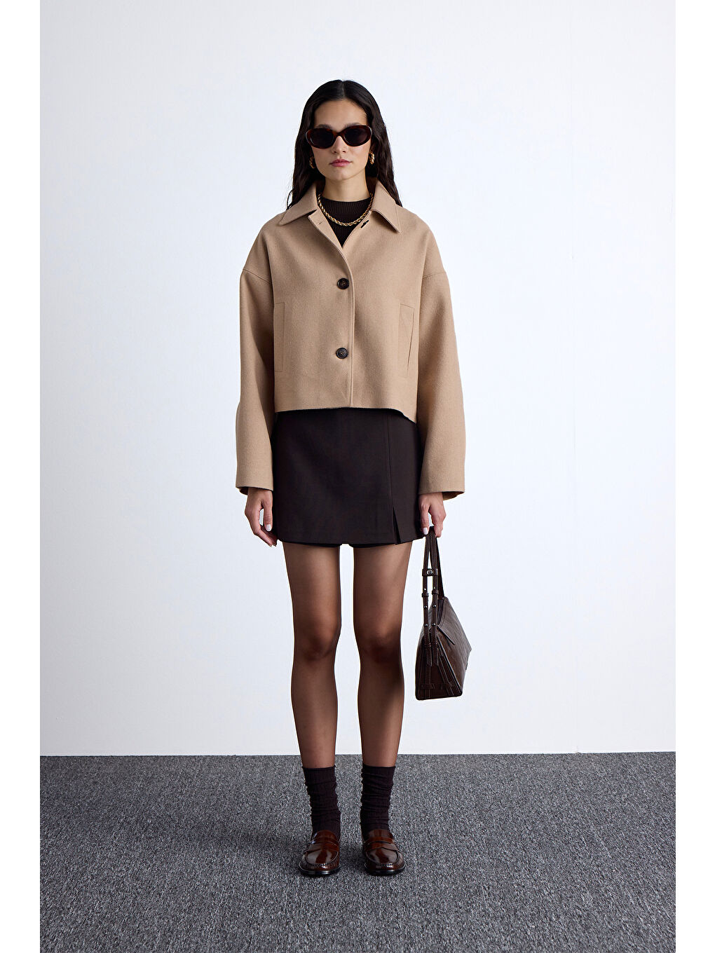 Kahverengi Dori Kısa Kaşe Kaban Camel-1