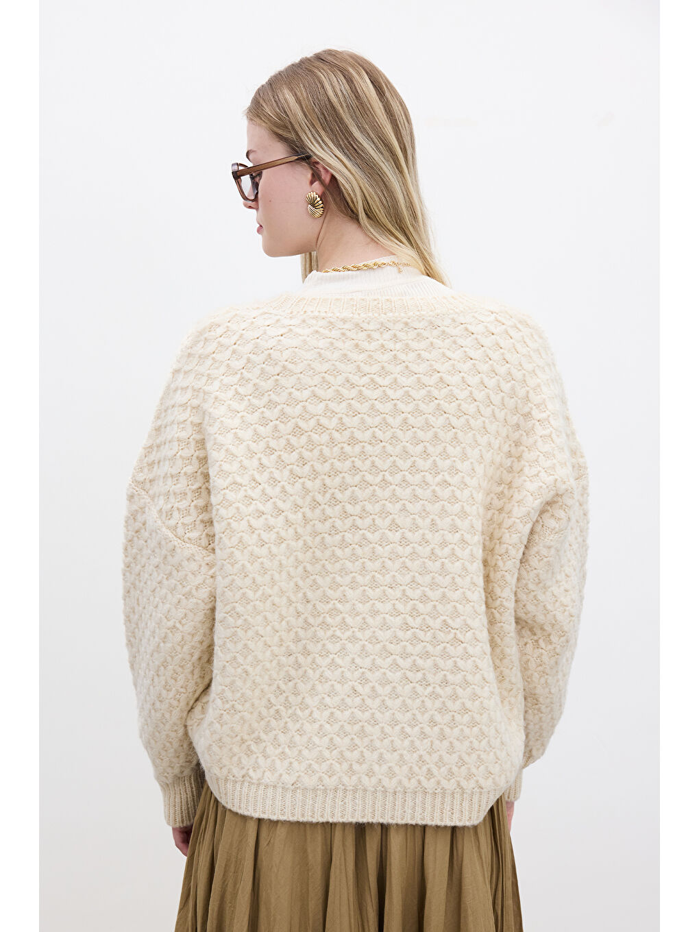 Desenli Örgü Triko Kazak Bej-5