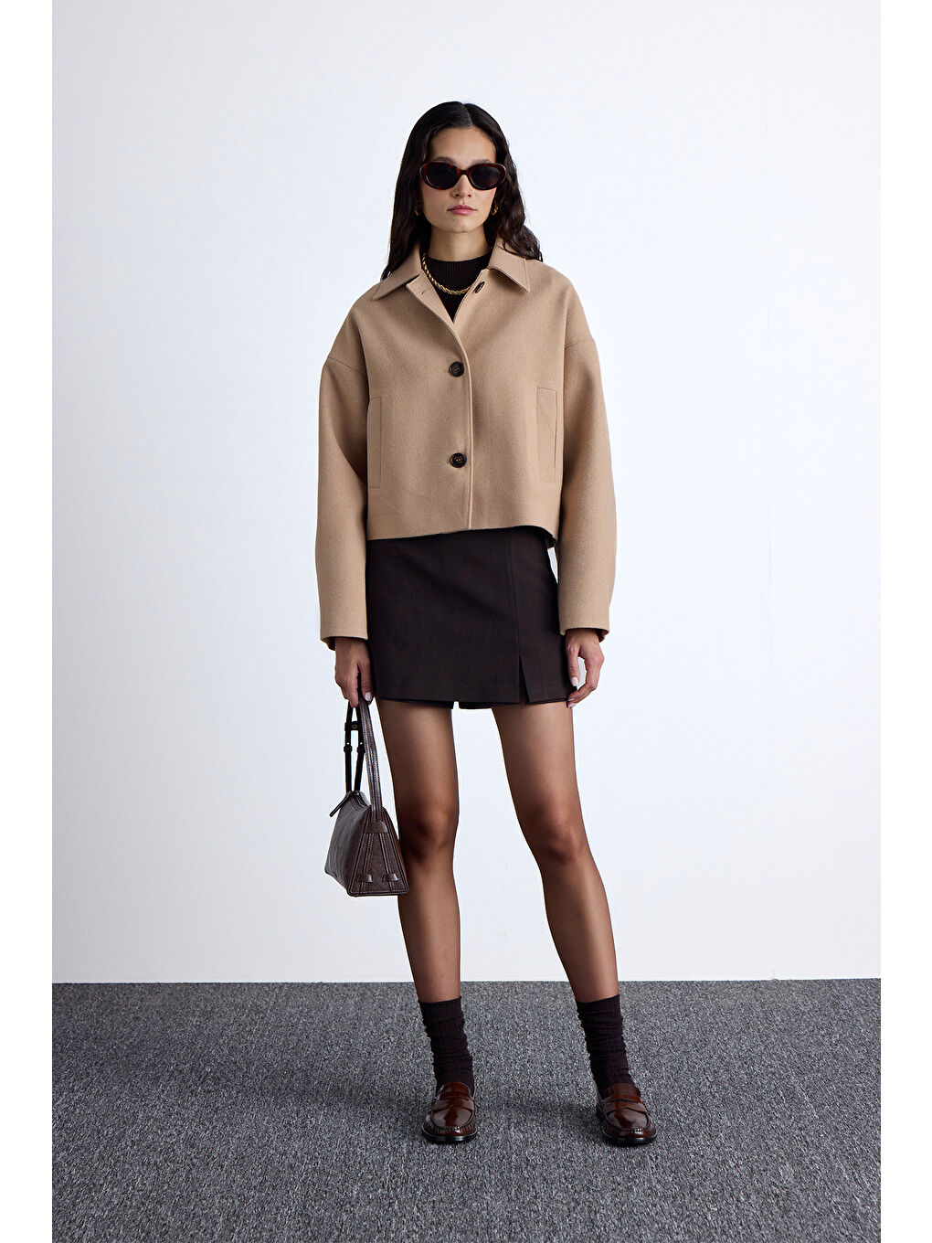 Kahverengi Dori Kısa Kaşe Kaban Camel-2