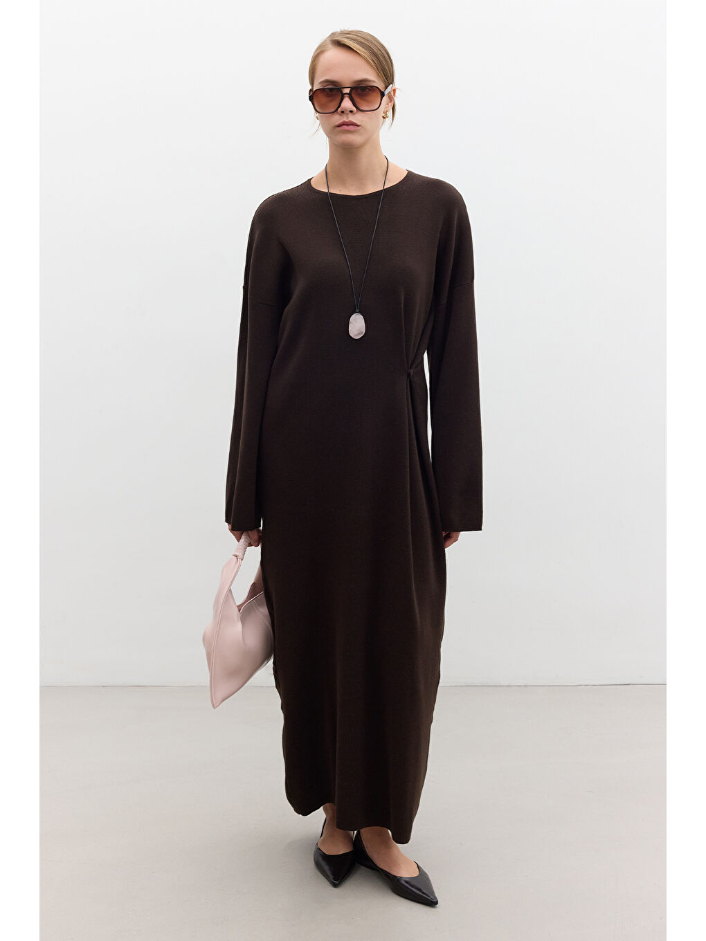 Triko Bağlamalı Elbise Kahverengi