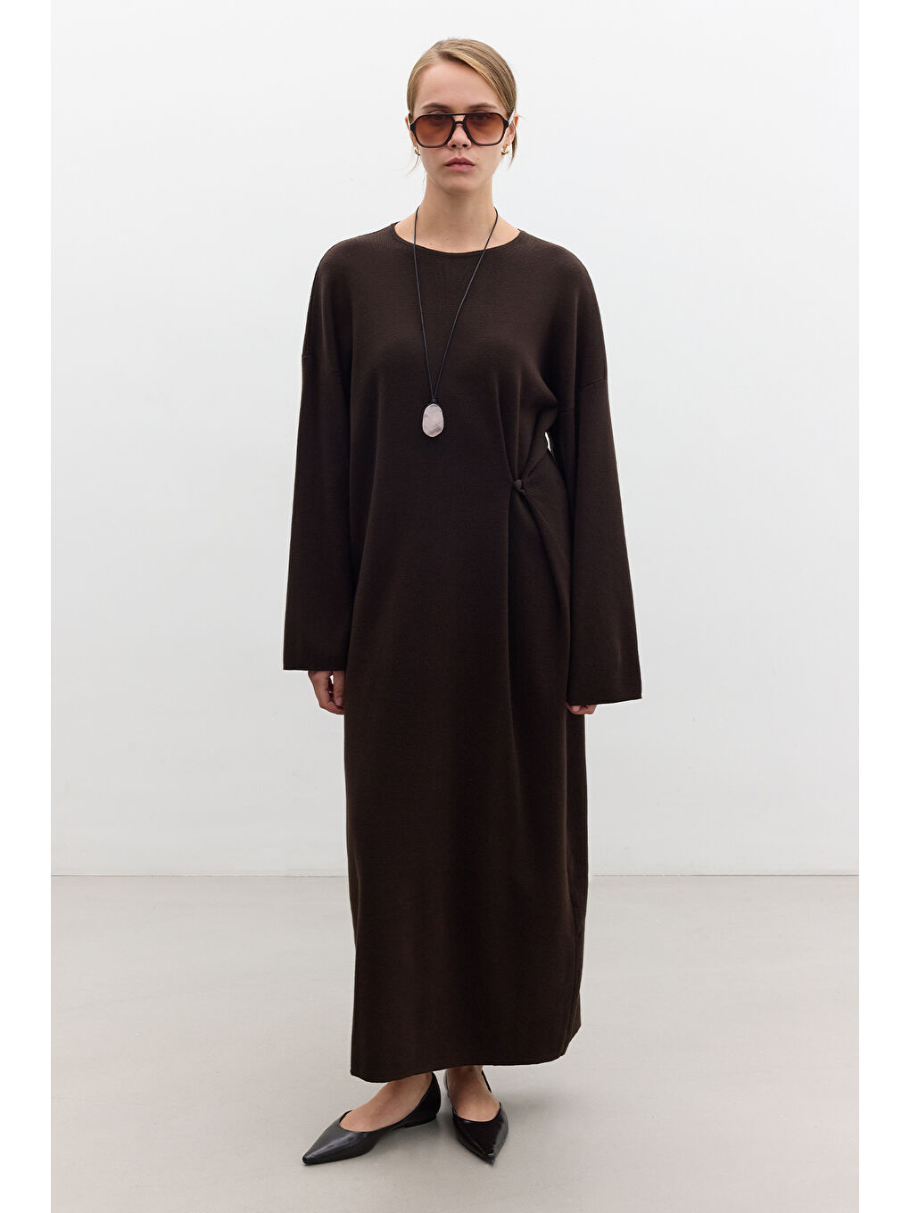 Triko Bağlamalı Elbise Kahverengi-1