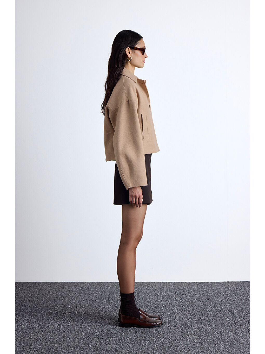 Kahverengi Dori Kısa Kaşe Kaban Camel-3