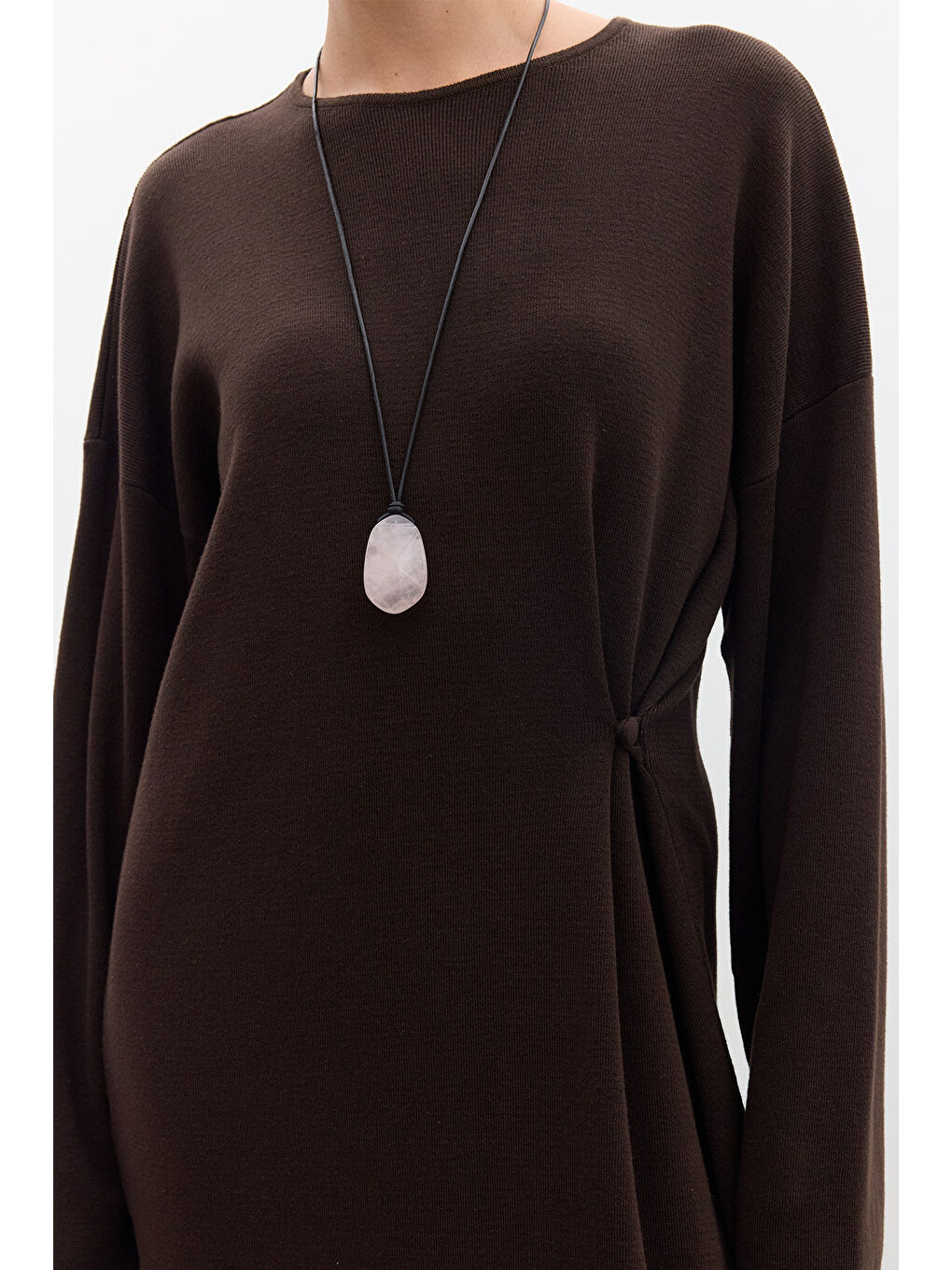 Triko Bağlamalı Elbise Kahverengi-2