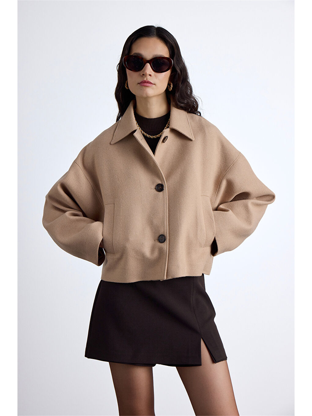 Kahverengi Dori Kısa Kaşe Kaban Camel-4