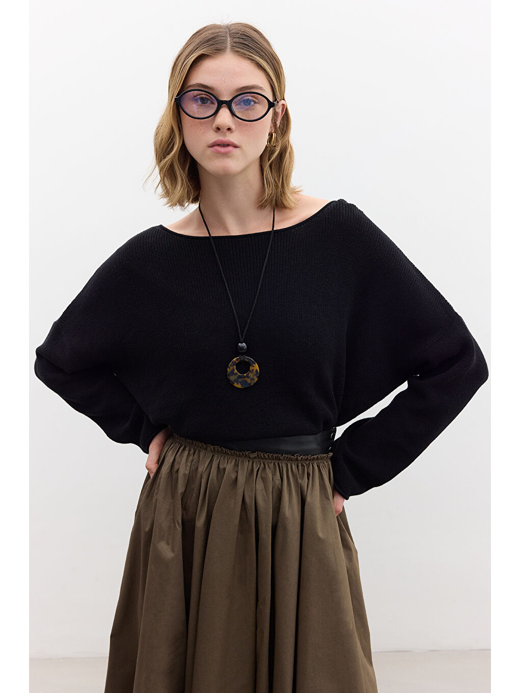 Oversize Dökümlü Pamuk Kazak Siyah-5