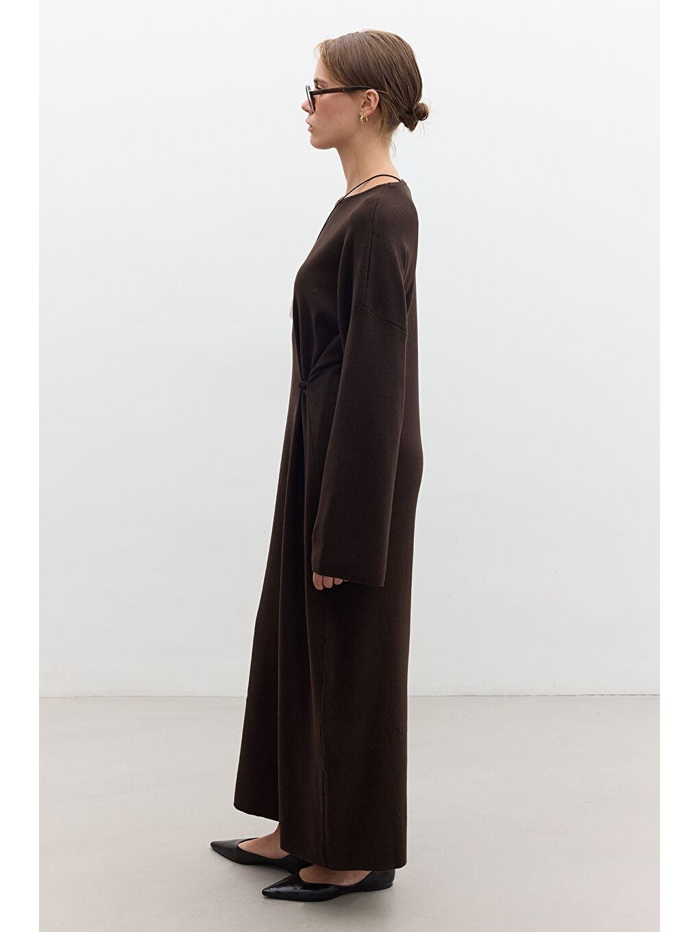 Triko Bağlamalı Elbise Kahverengi-4