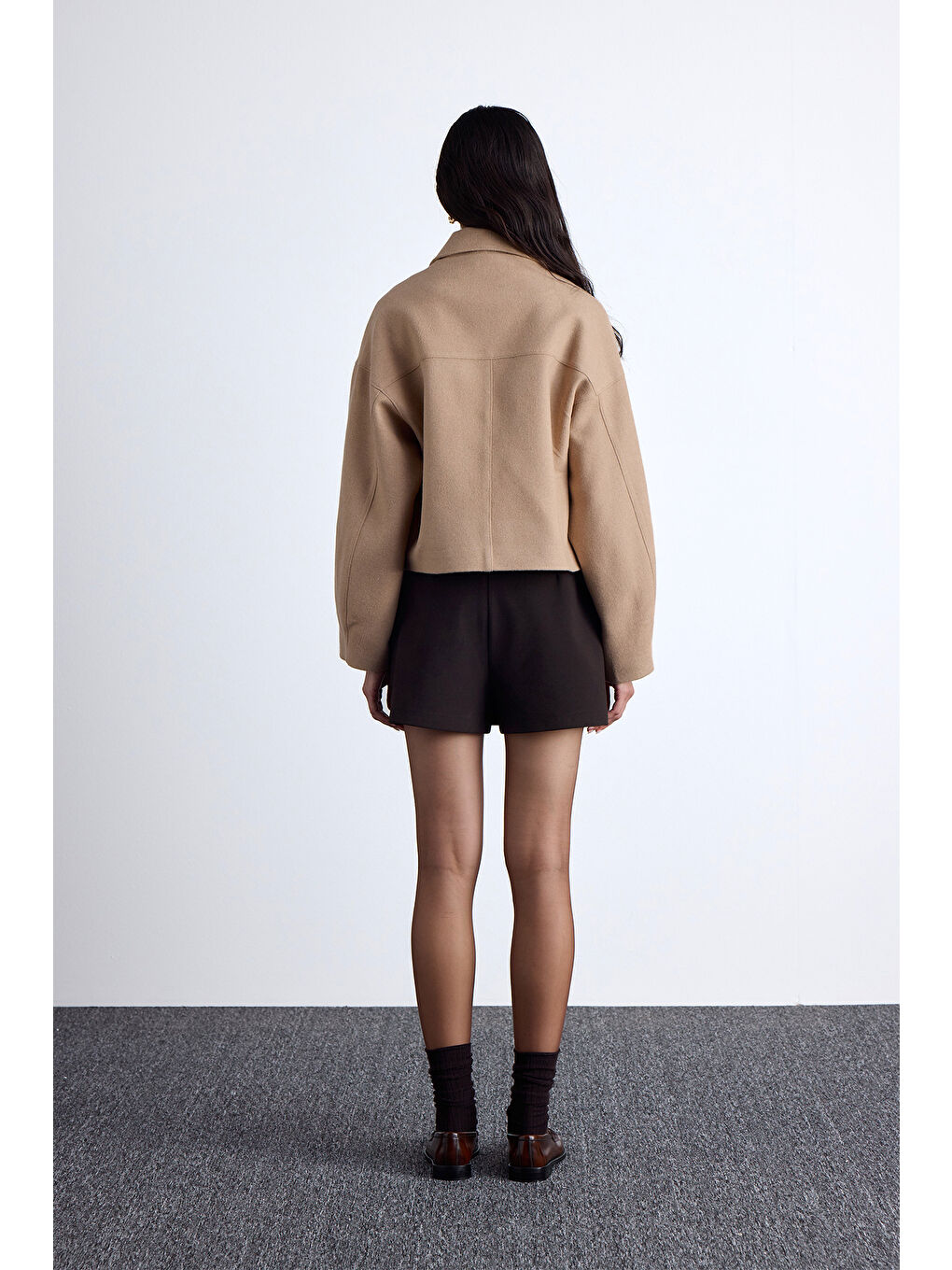 Kahverengi Dori Kısa Kaşe Kaban Camel-5