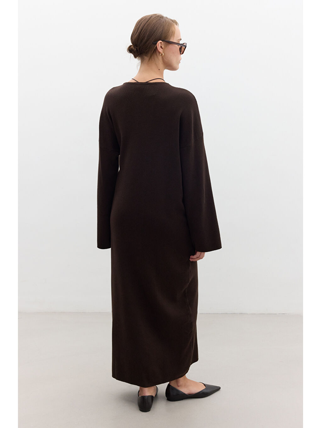 Triko Bağlamalı Elbise Kahverengi-5