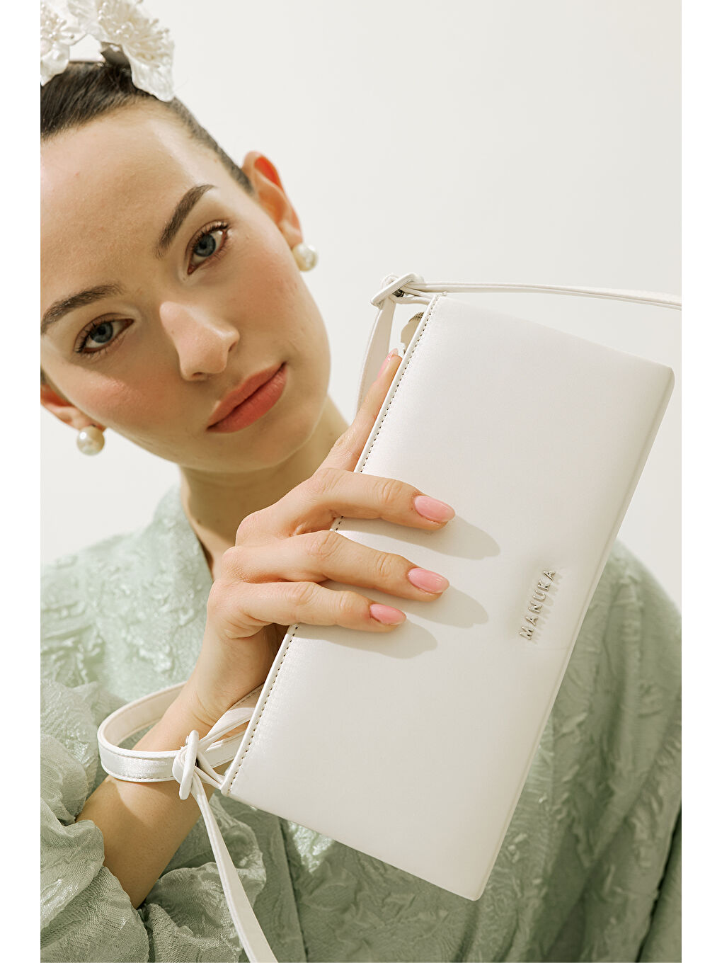 Saten Mini Baget Abiye Çanta Ekru-2