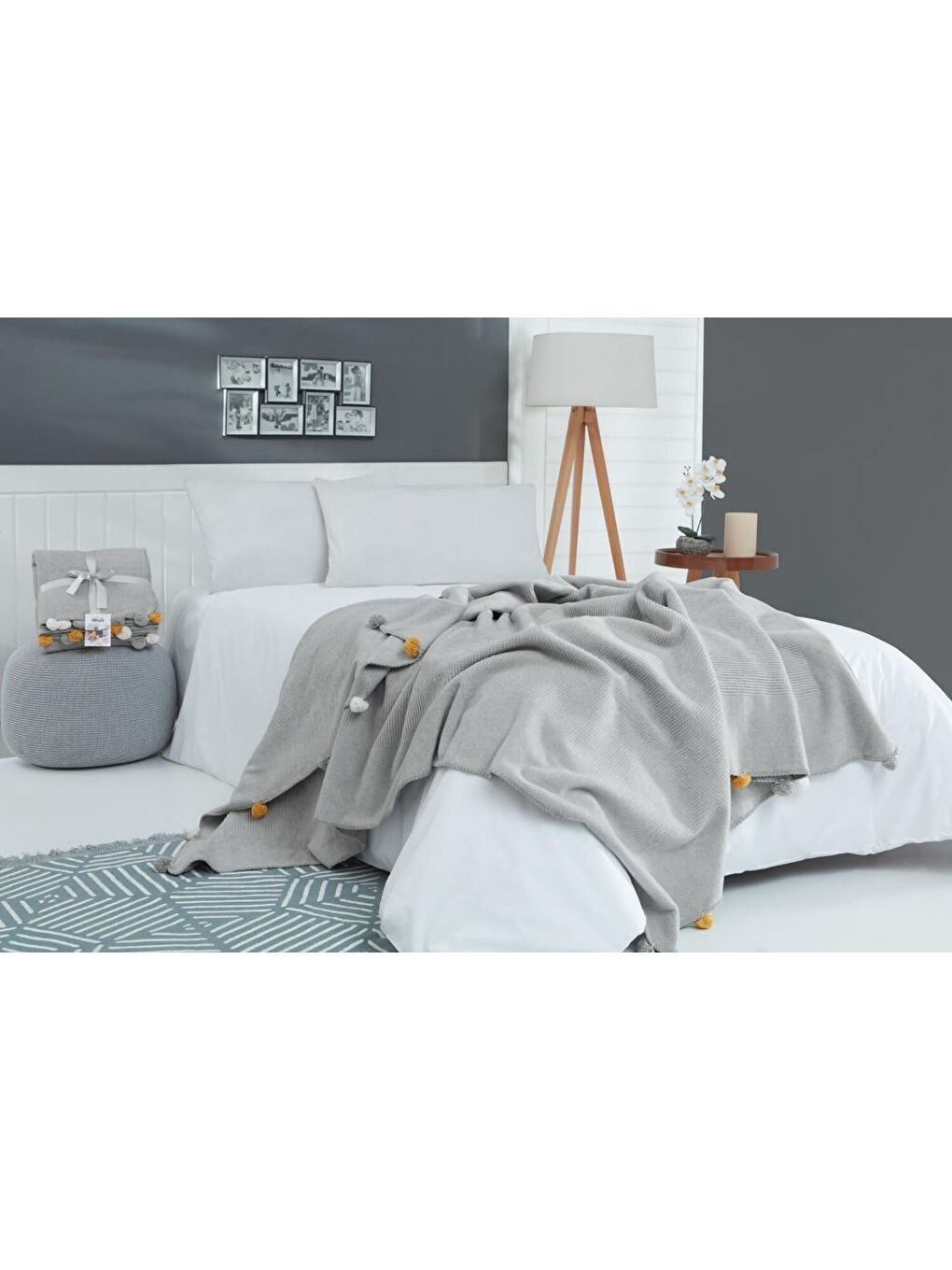 Tek Kişilik Ponponlu Pike Battaniye 150x200 Gri