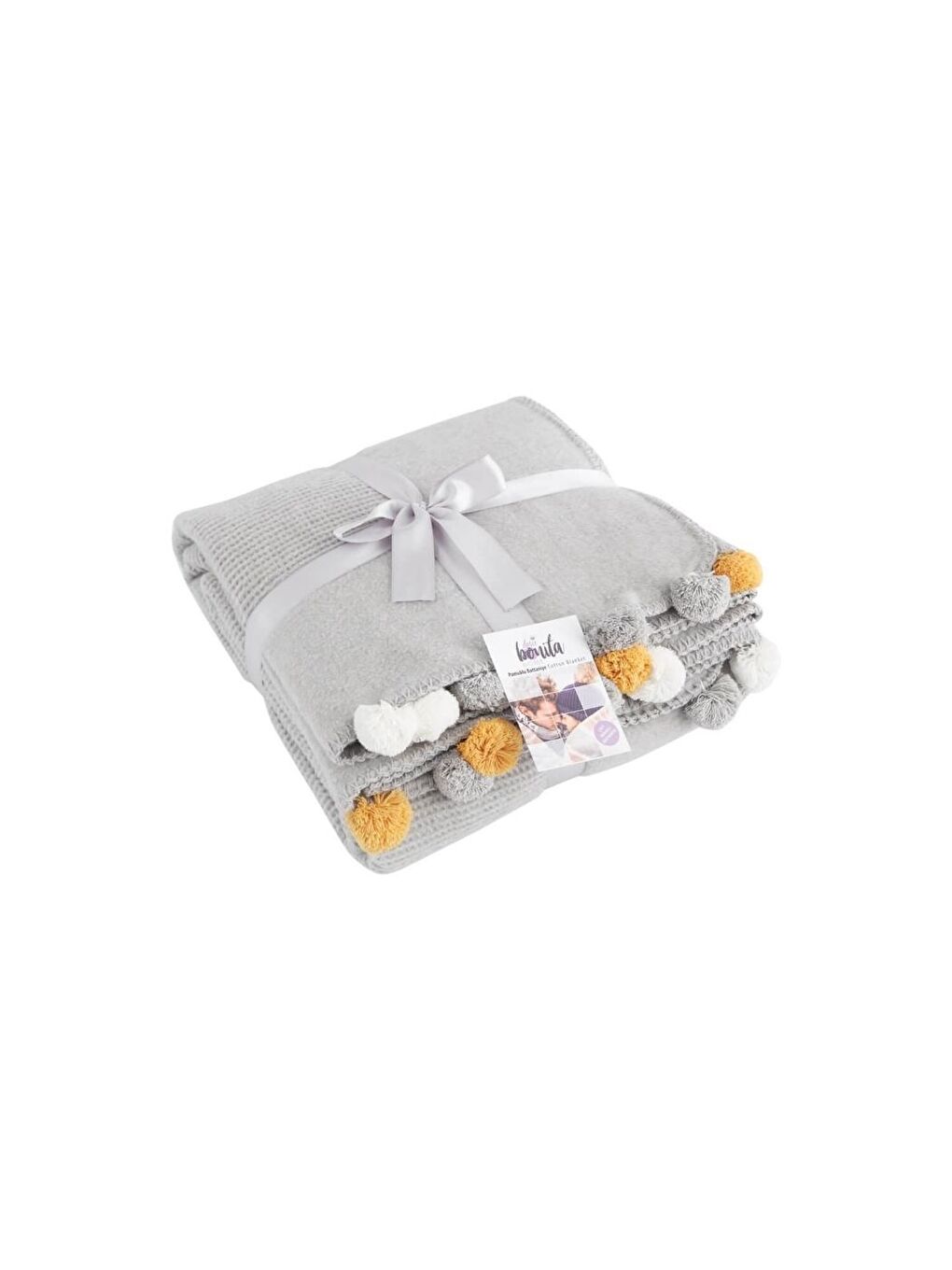 Tek Kişilik Ponponlu Pike Battaniye 150x200 Gri-1