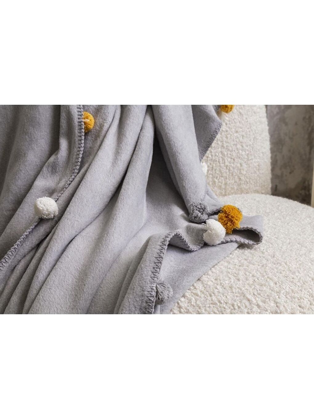 Tek Kişilik Ponponlu Pike Battaniye 150x200 Gri-2