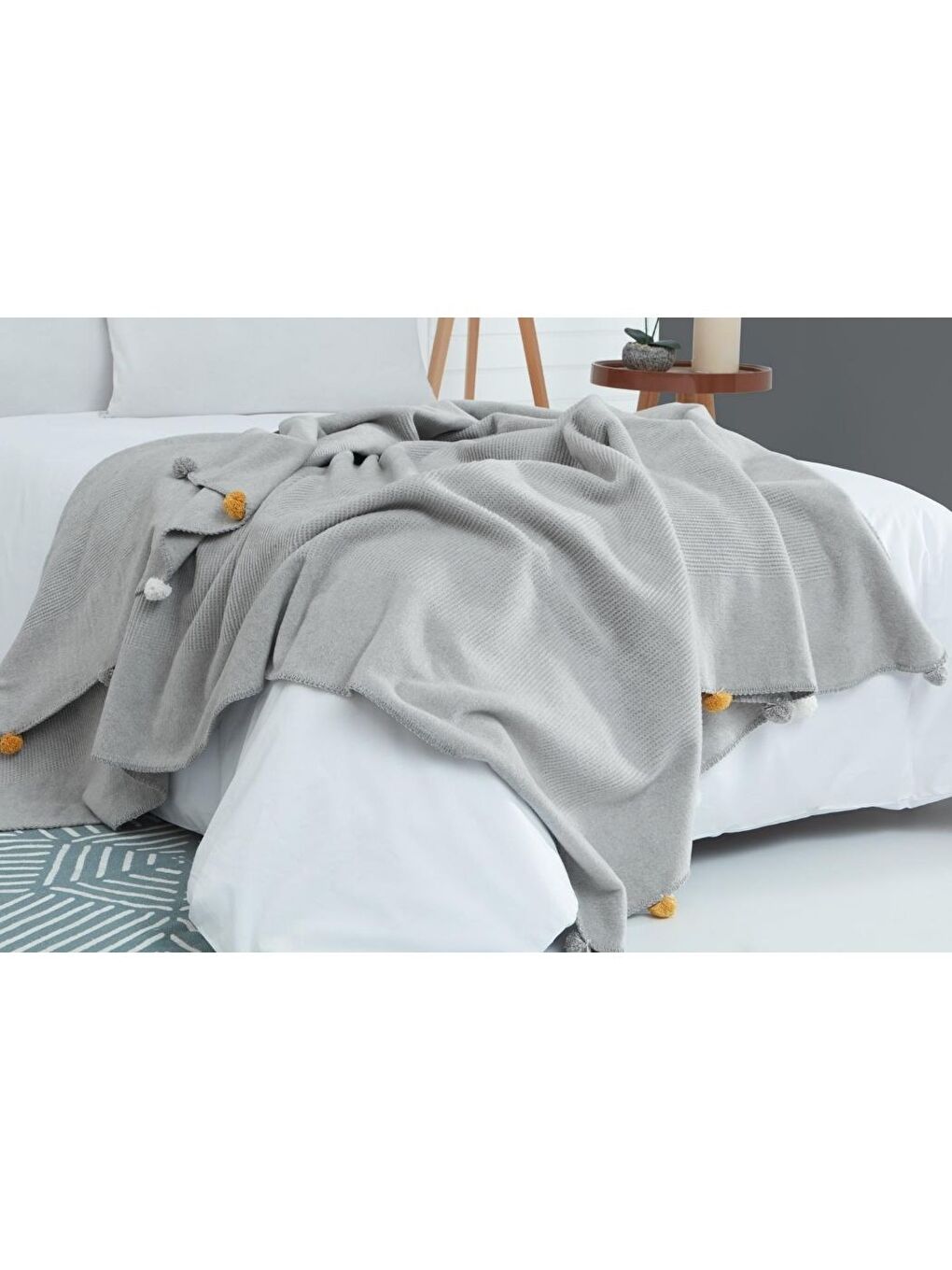 Tek Kişilik Ponponlu Pike Battaniye 150x200 Gri-3