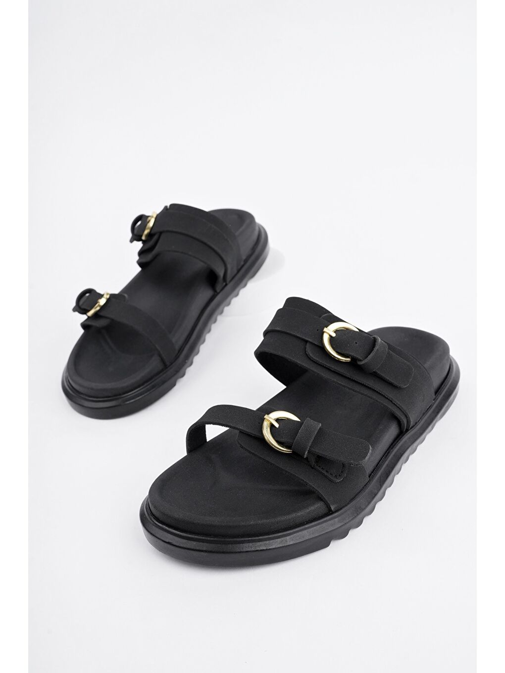 Siyah OVELA Çift Bantlı Ayarlanabilir Kemerli Günlük Kadın Terlik-2