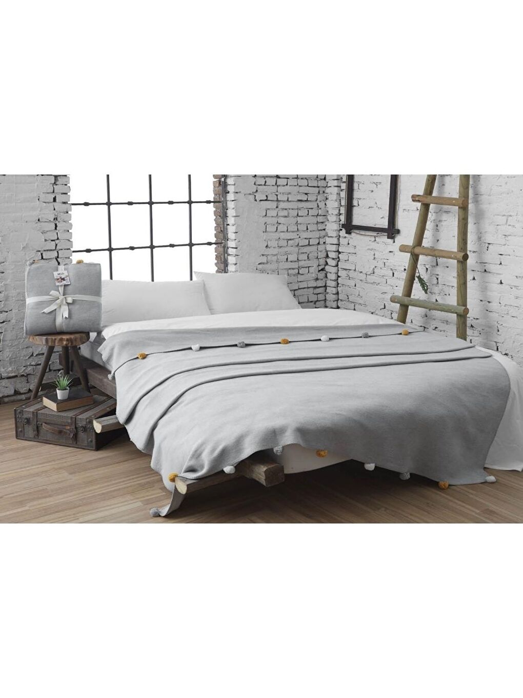 Tek Kişilik Ponponlu Pike Battaniye 150x200 Gri-4