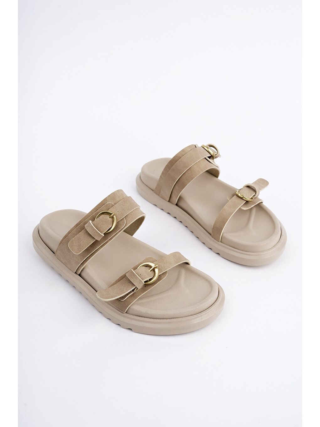 Bej OVELA Çift Bantlı Ayarlanabilir Kemerli Günlük Kadın Terlik-1
