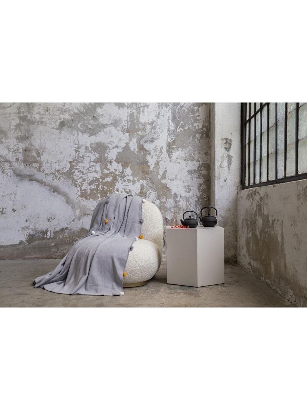 Tek Kişilik Ponponlu Pike Battaniye 150x200 Gri-5