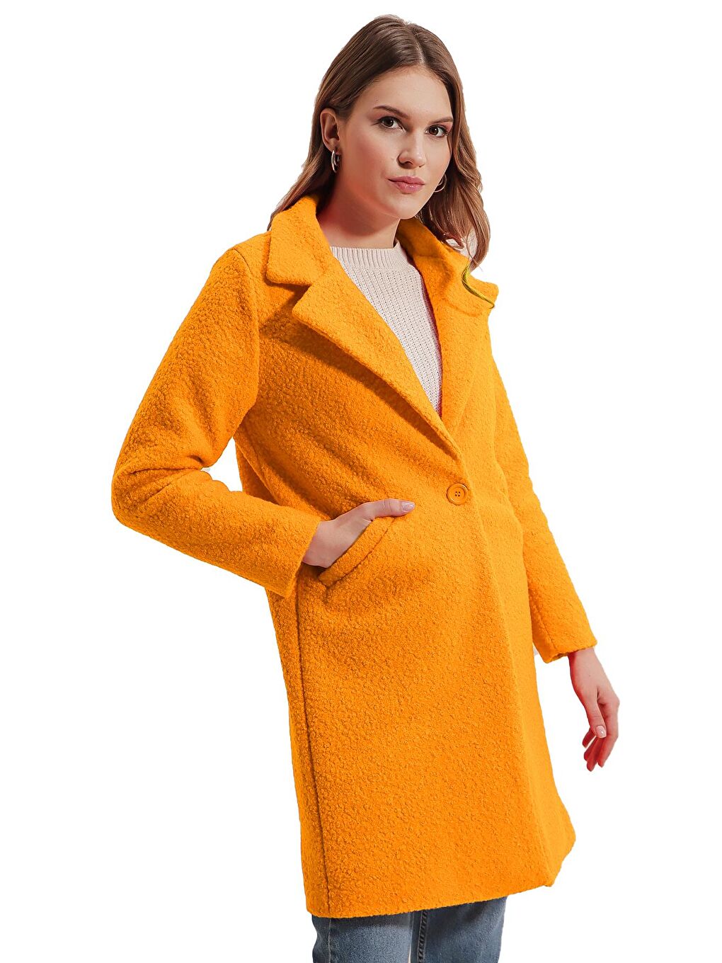 Sarı Oversize Kaşe Kadın Kaban