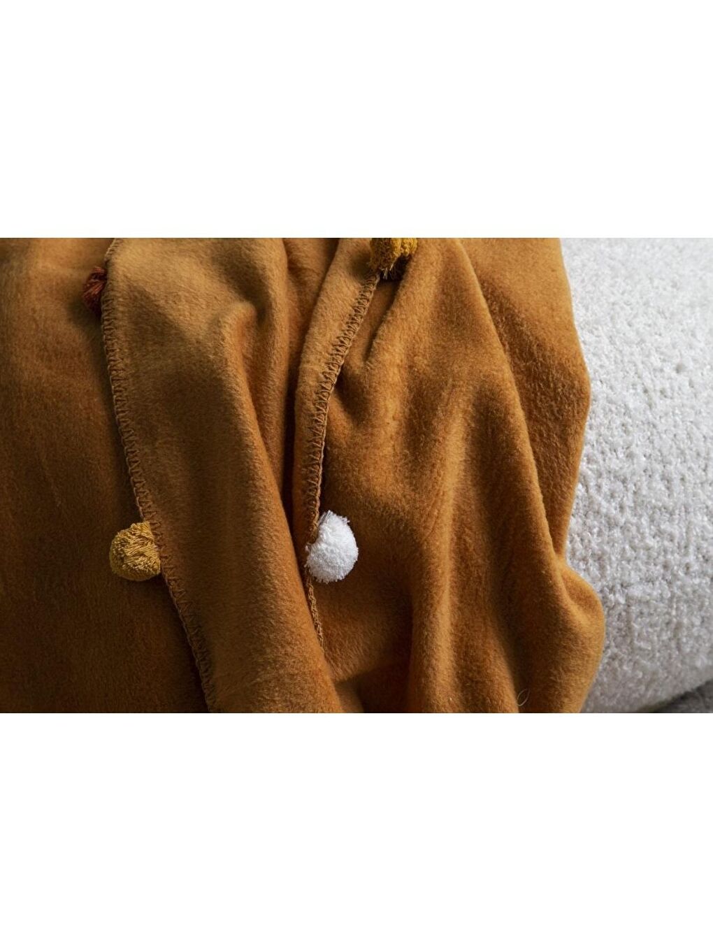 Sarı Tek Kişilik Ponponlu Pike Battaniye 150x200 Hardal-3