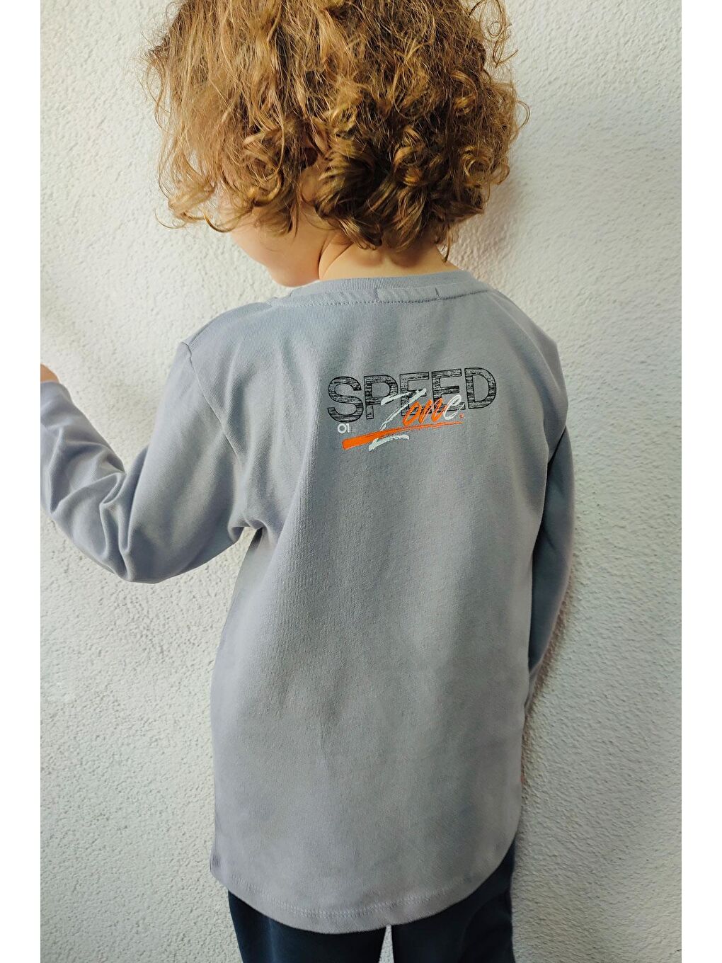 Erkek Çocuk Uzun Kollu Tişört Hız Temalı Sırt Kısmı Baskılı Gri (2-6 Yaş)-1