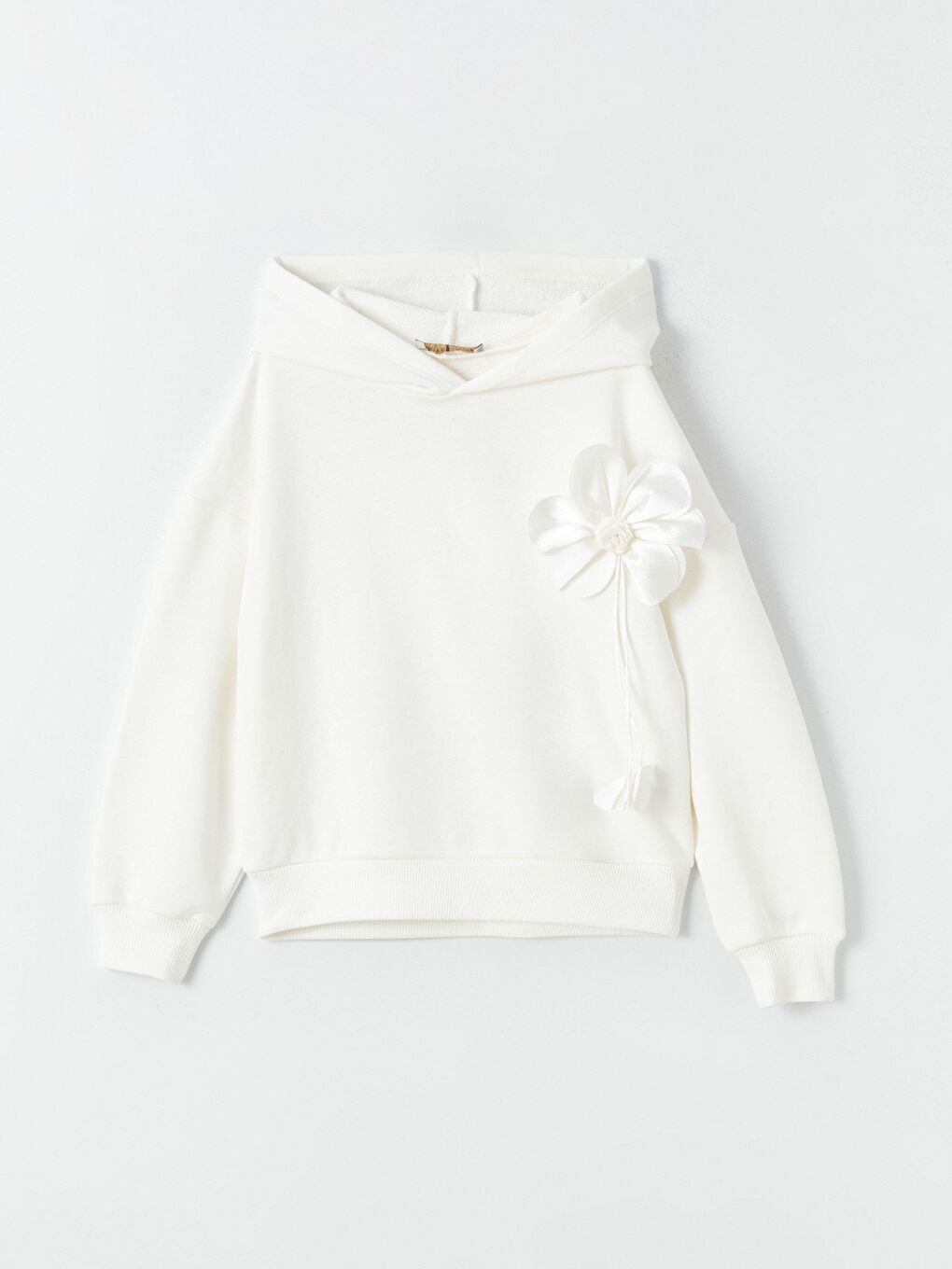 Ekru Kız Çocuk Dar Kalıp Çiçek İşlemeli Kapüşonlu SweatShirt