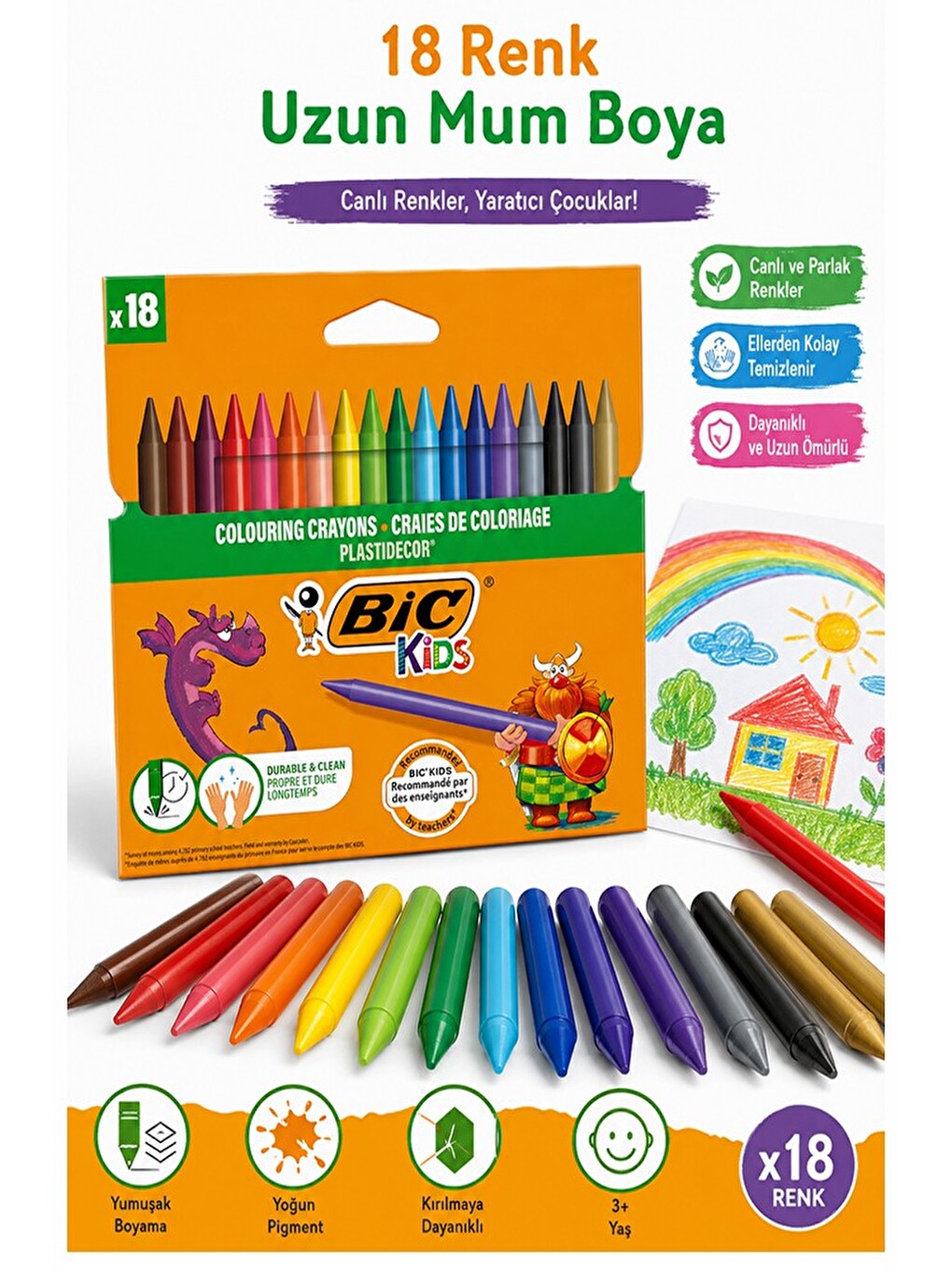 Mum Boya 18 Li 1 Paket Bic 18 Renk Mumboya Elleri Kirletmeyen Yıkanabilir Silinebilir Plastidecor