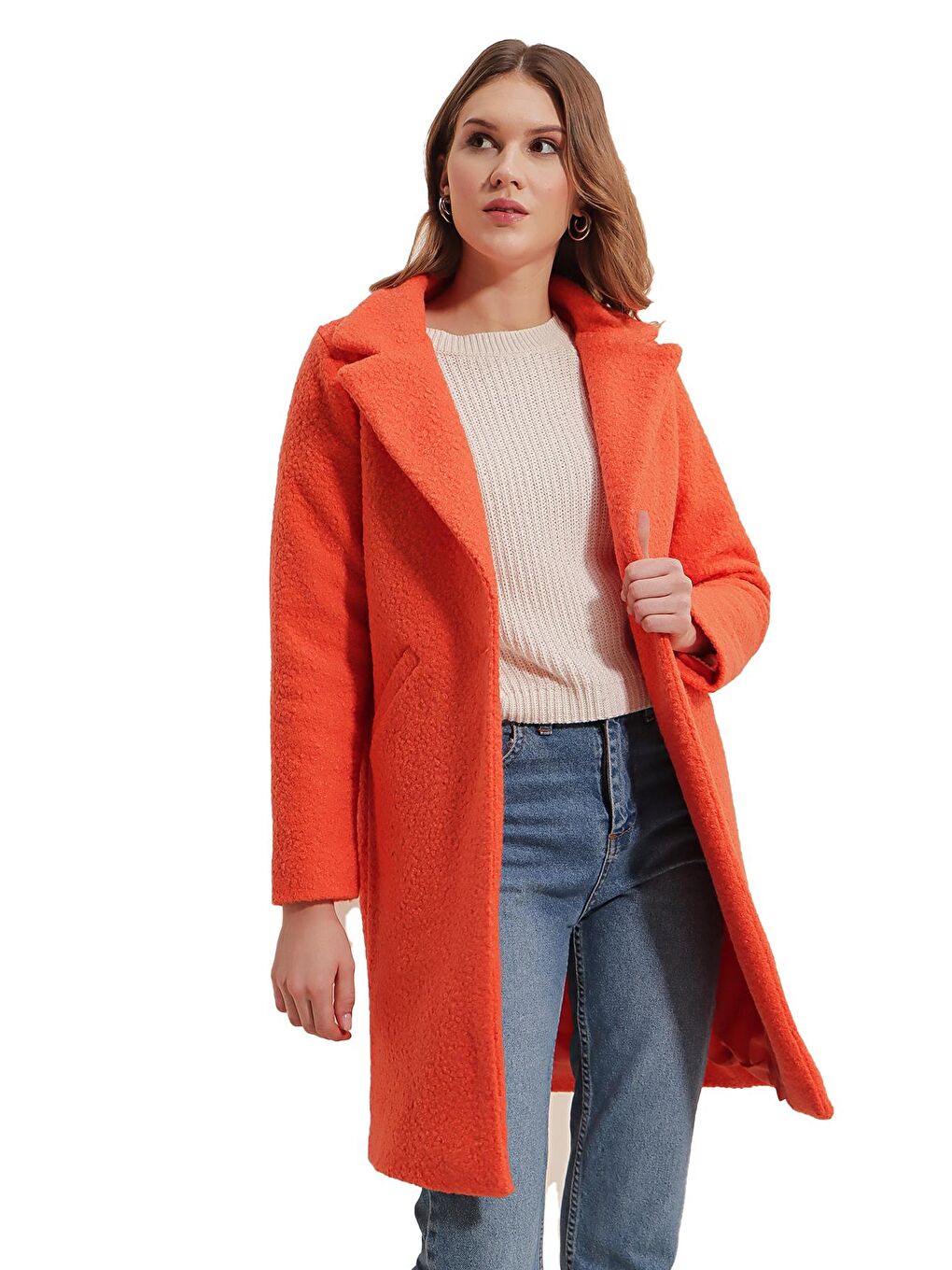 Turuncu Oversize Kaşe Kadın Kaban