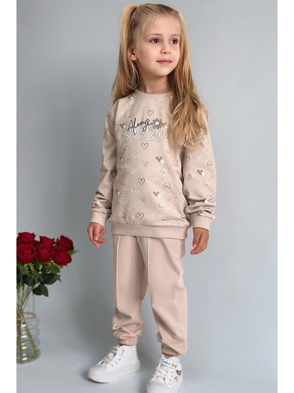 Kız Çocuk Sweatshirt Kalp Desenli Yazı Baskılı Bej (1.5-4 Yaş)-1