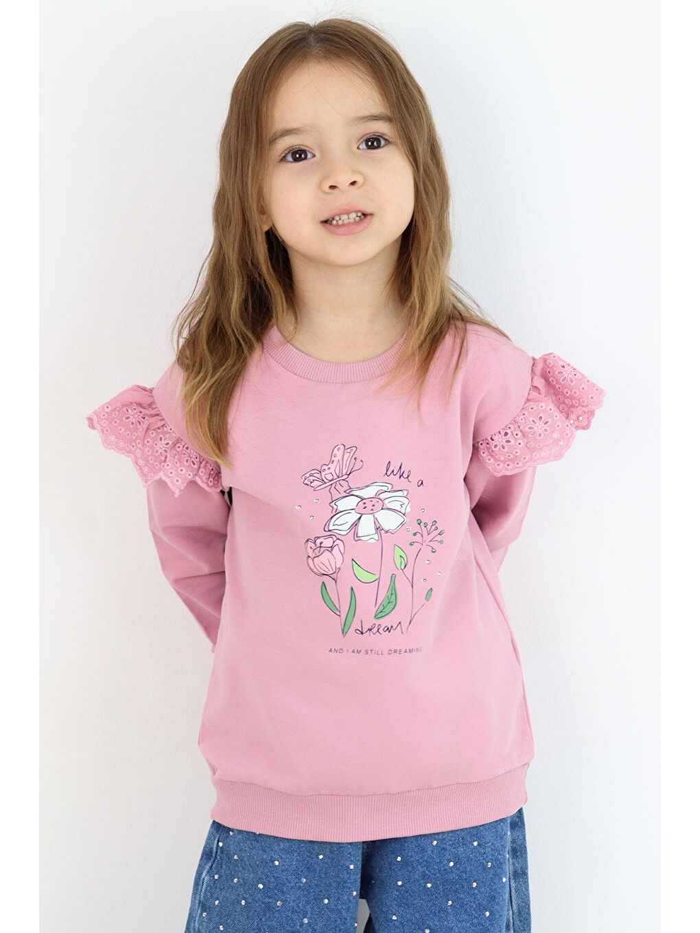 Pembe Kız Çocuk Sweatshirt Omuzları Çiçek Nakış Detaylı Çiçek Baskılı Gülkurusu (2-4 Yaş)-1