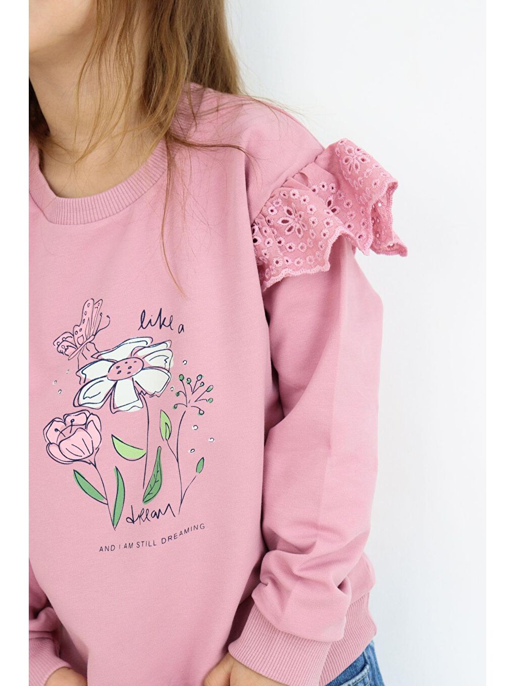 Pembe Kız Çocuk Sweatshirt Omuzları Çiçek Nakış Detaylı Çiçek Baskılı Gülkurusu (2-4 Yaş)-2