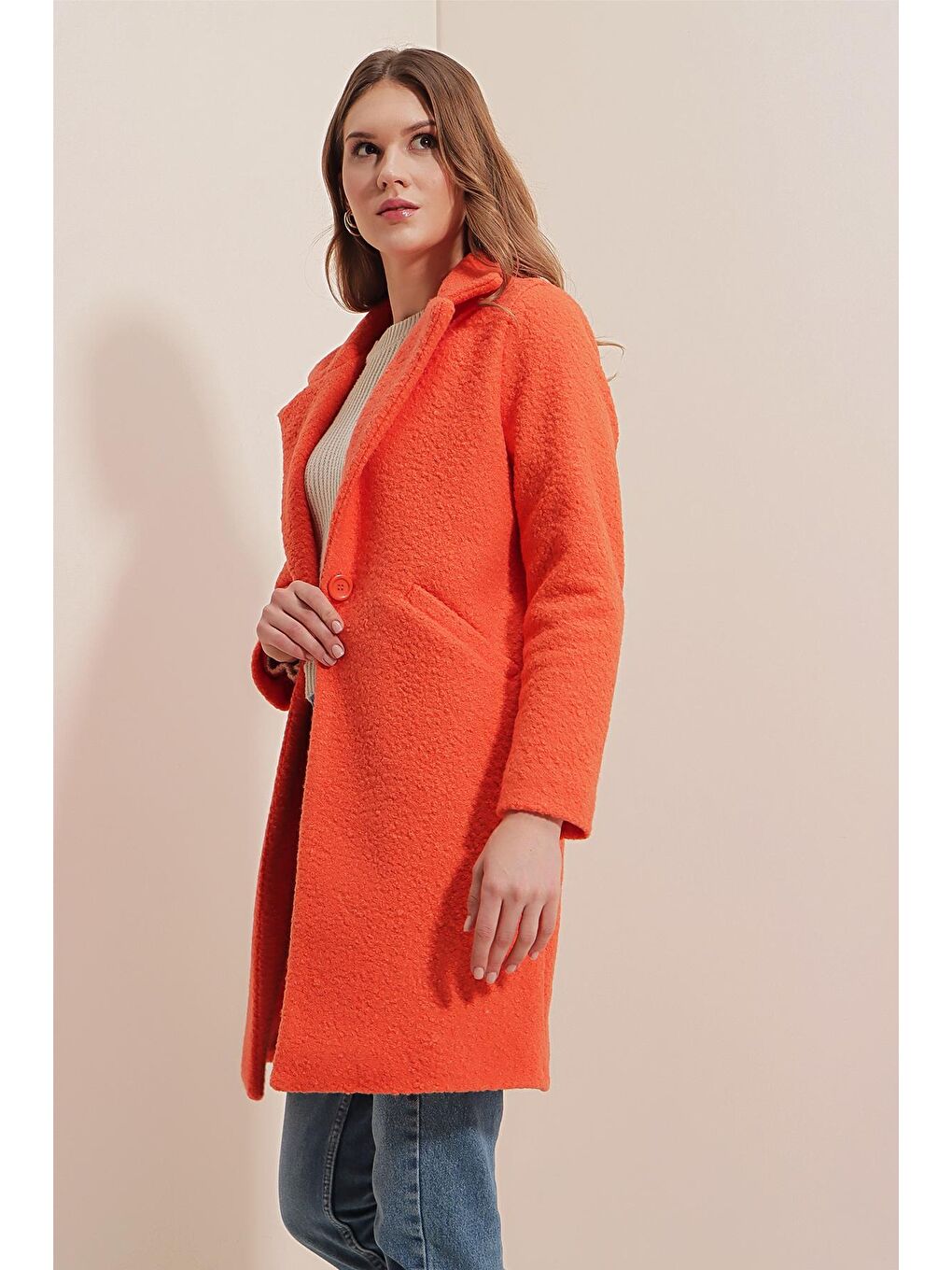 Turuncu Oversize Kaşe Kadın Kaban-2