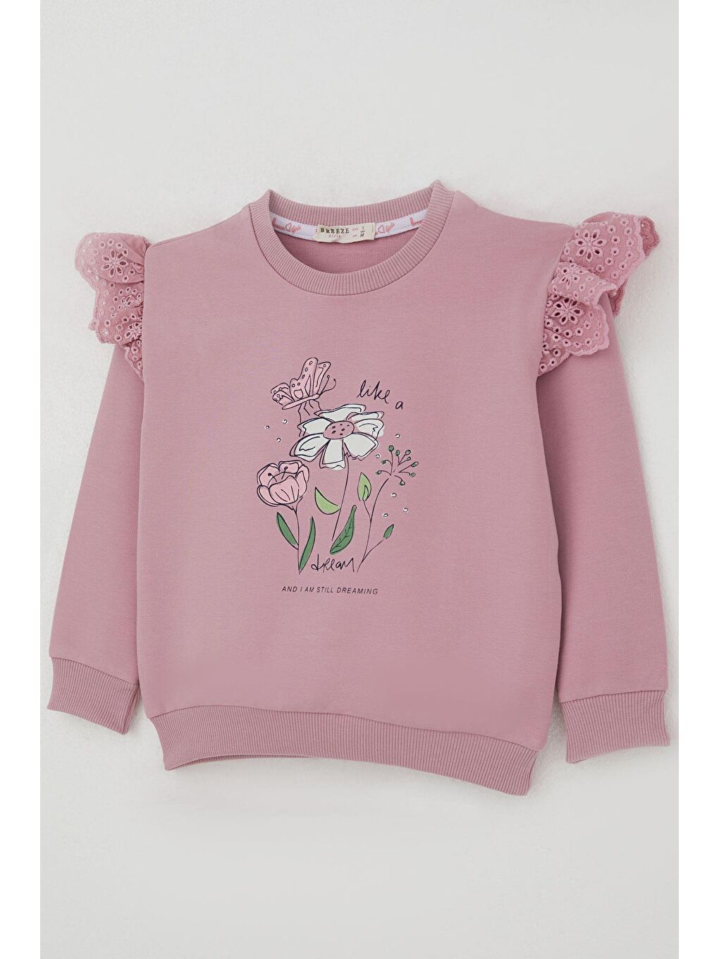 Pembe Kız Çocuk Sweatshirt Omuzları Çiçek Nakış Detaylı Çiçek Baskılı Gülkurusu (2-4 Yaş)-5