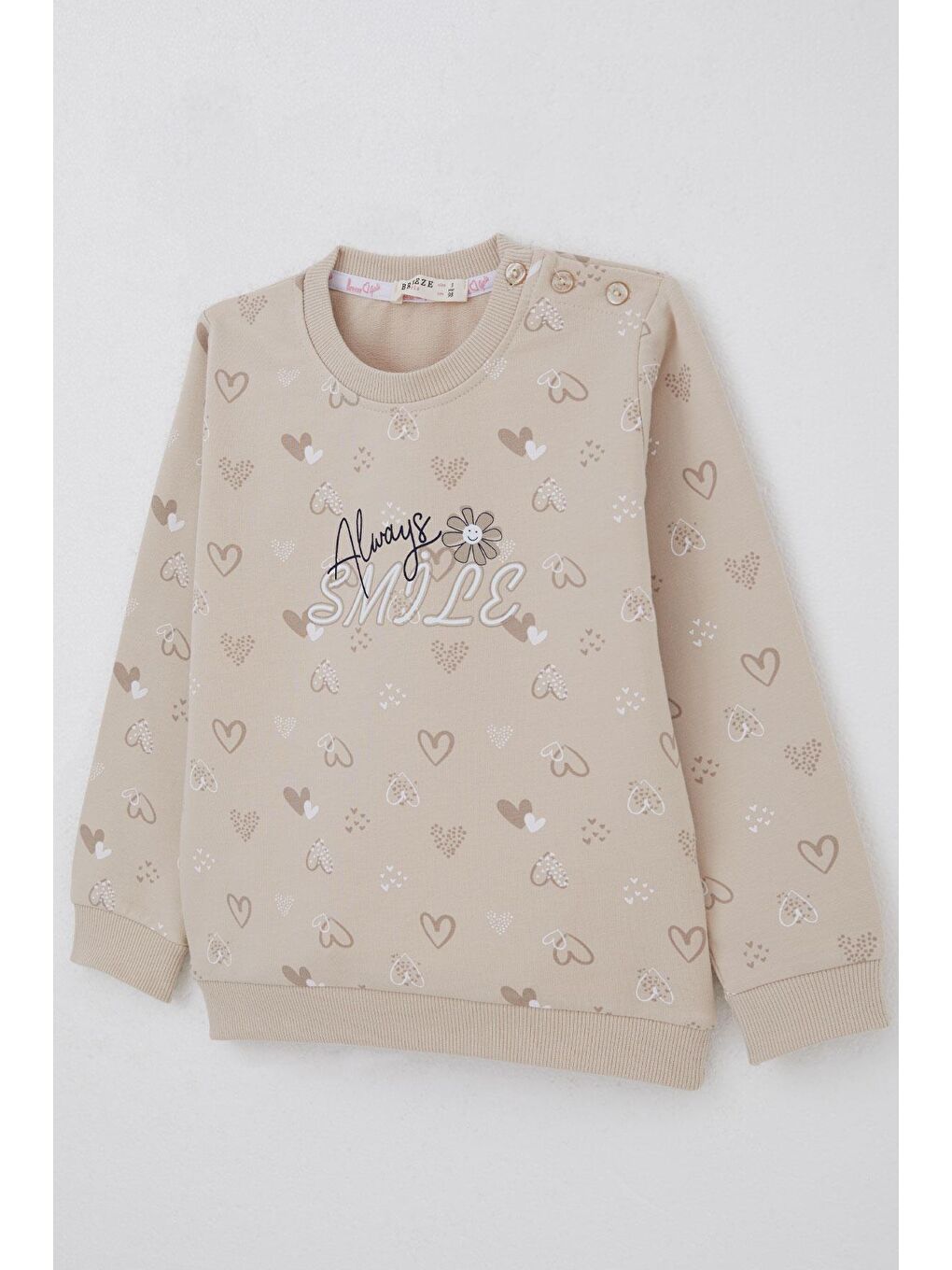 Kız Çocuk Sweatshirt Kalp Desenli Yazı Baskılı Bej (1.5-4 Yaş)-6