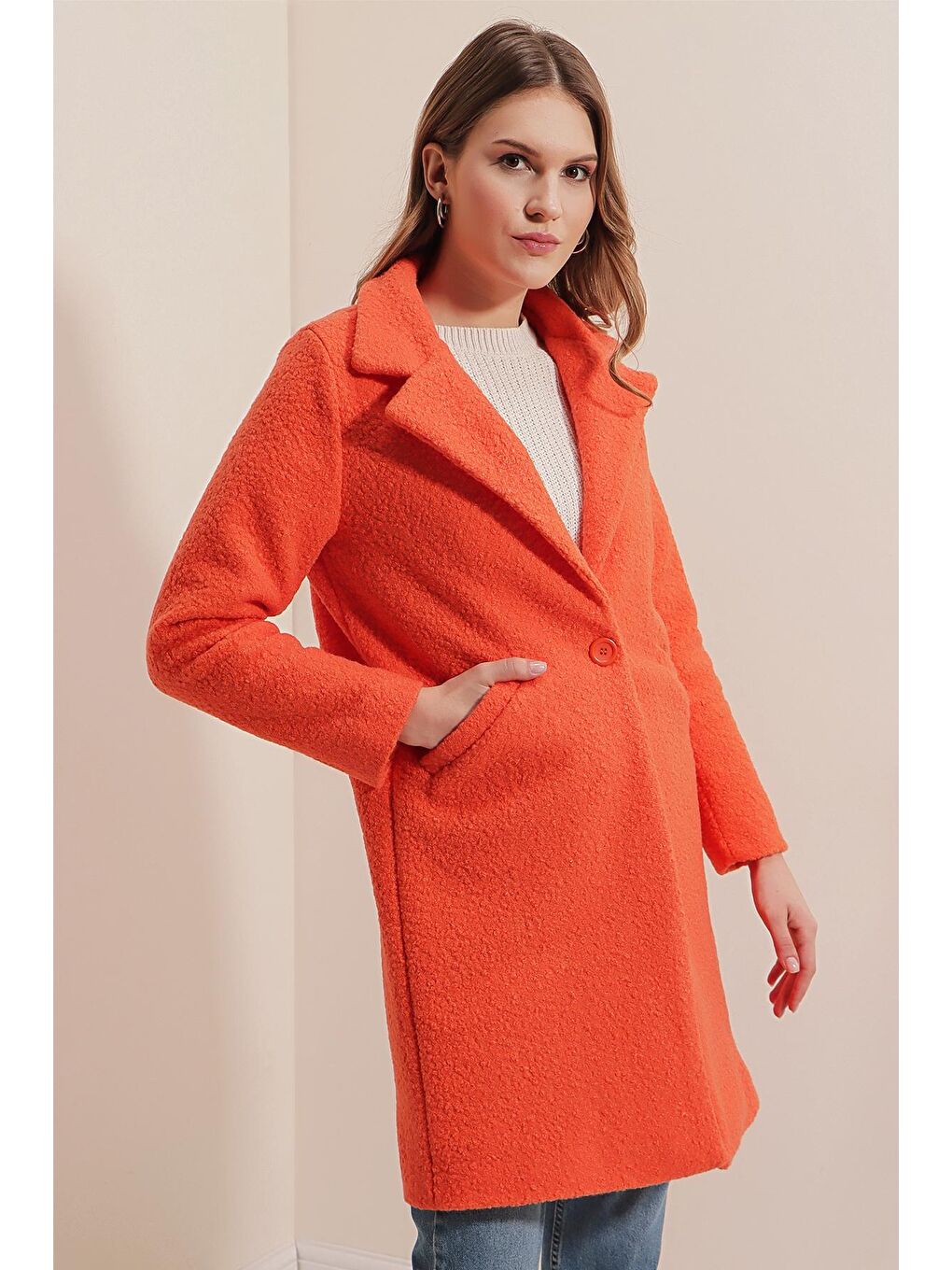 Turuncu Oversize Kaşe Kadın Kaban-3