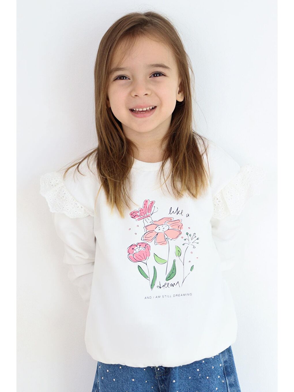 Kız Çocuk Sweatshirt Omuzları Çiçek Nakış Detaylı Çiçek Baskılı Ekru (2-5 Yaş)-2
