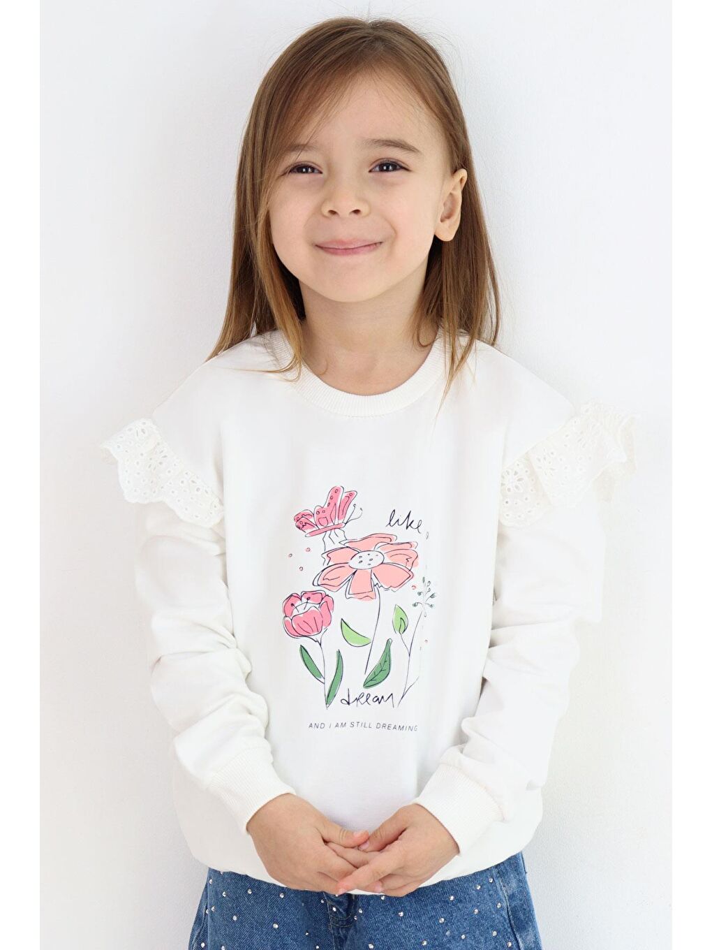 Kız Çocuk Sweatshirt Omuzları Çiçek Nakış Detaylı Çiçek Baskılı Ekru (2-5 Yaş)-3