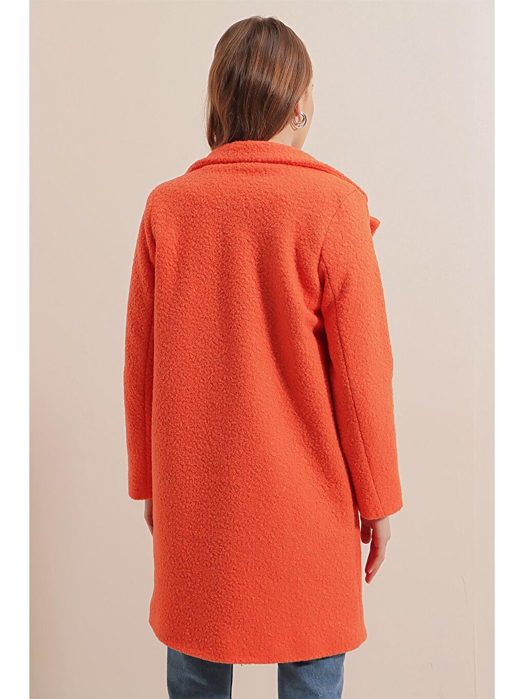 Turuncu Oversize Kaşe Kadın Kaban-4