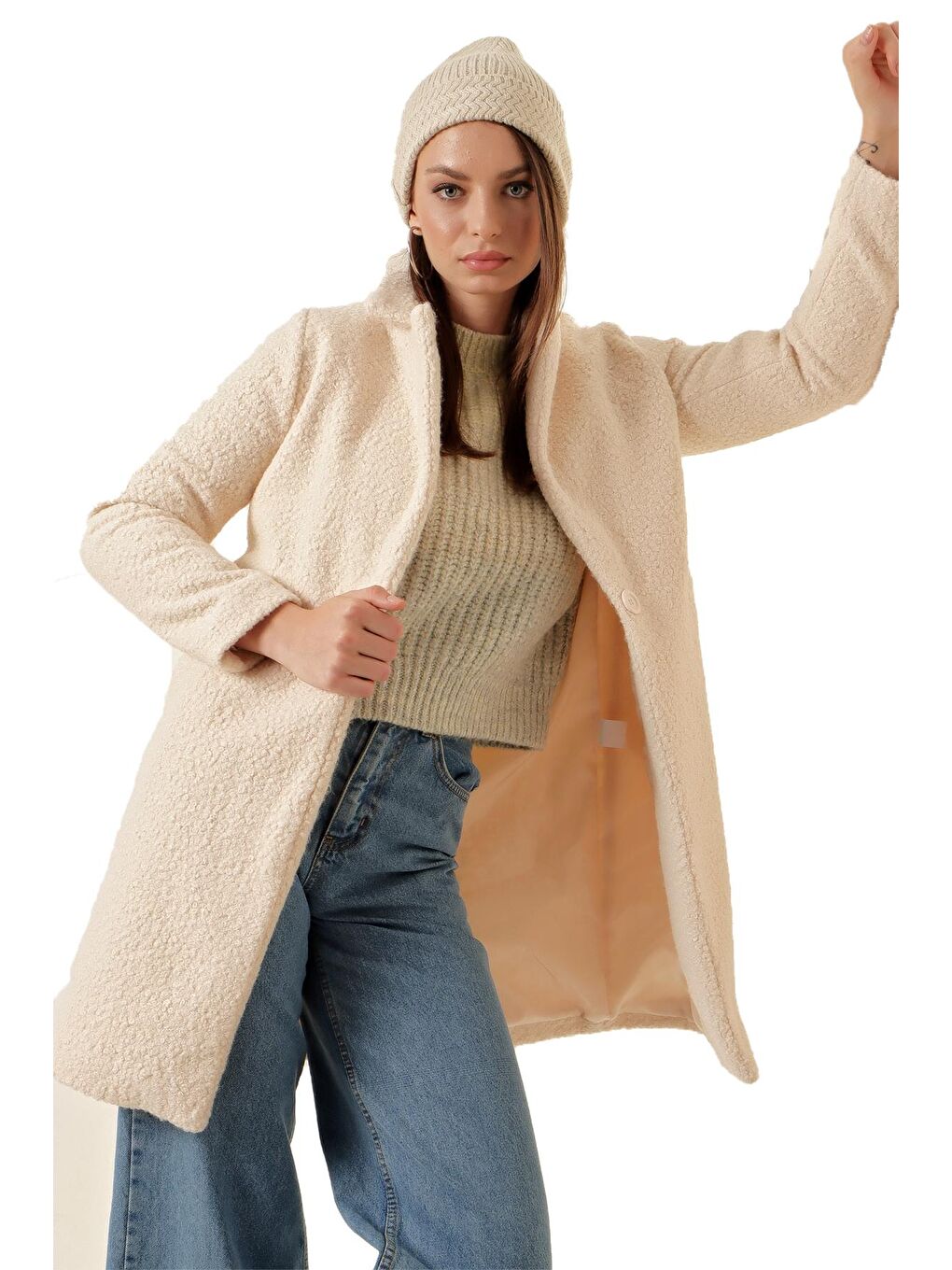 Bej Oversize Kaşe Kadın Kaban