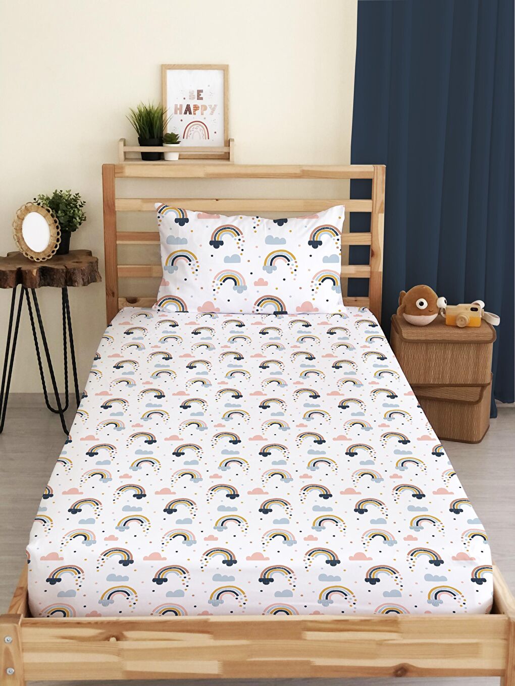 Karışık Desen Baskılı Tek Kişilik   Lastikli Çarşaf Seti 100x200 cm Beyaz