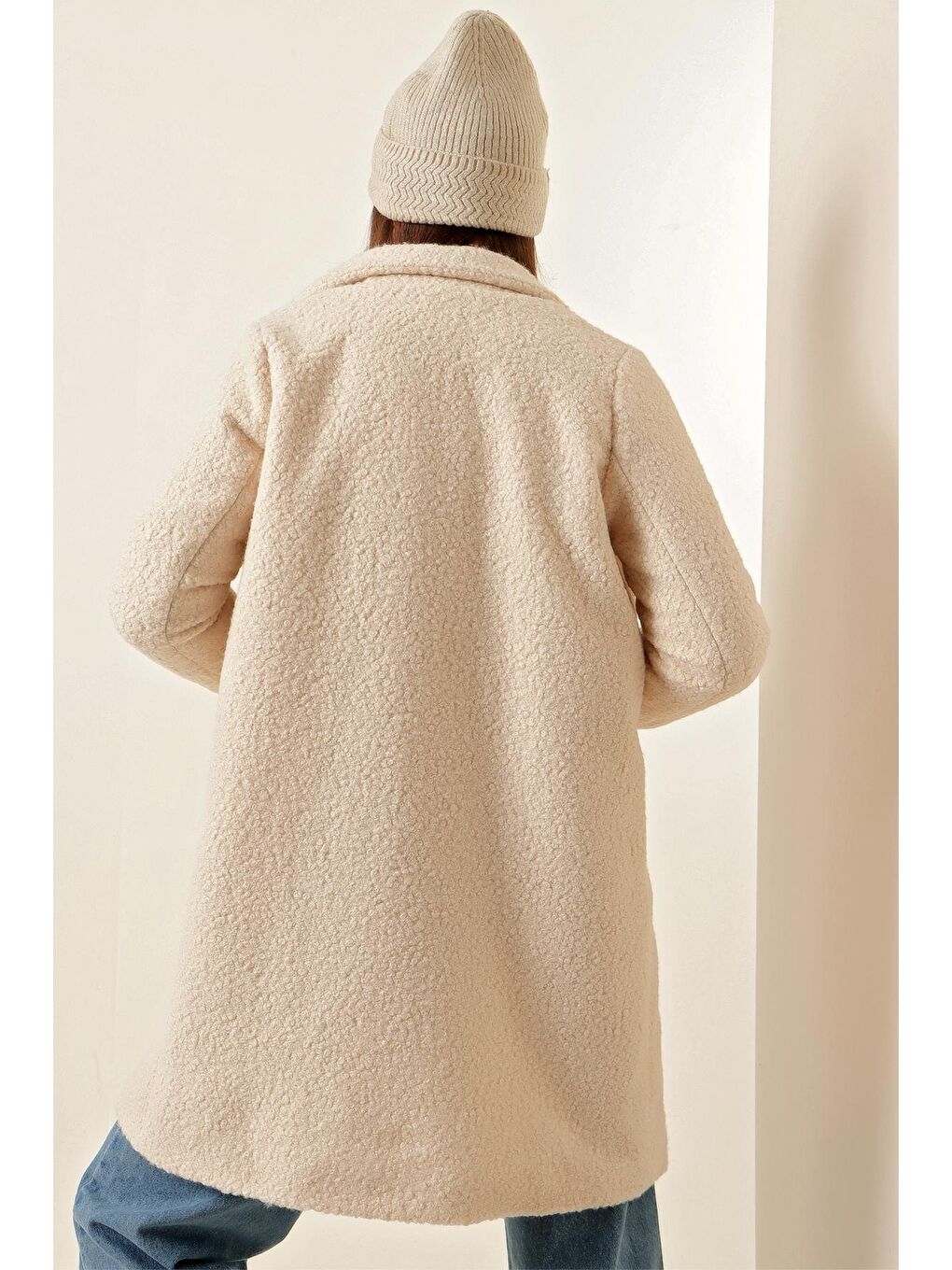 Bej Oversize Kaşe Kadın Kaban-4