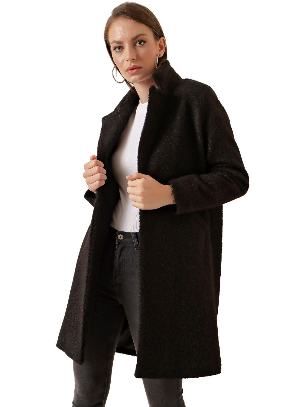 Siyah Oversize Kaşe Kadın Kaban