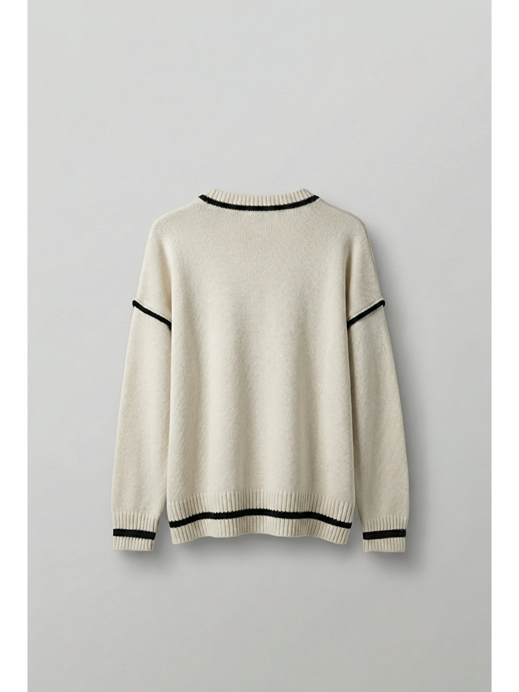 Erkek Oversize Yuvarlak Yaka Kontrast Detaylı Kazak Bej-1