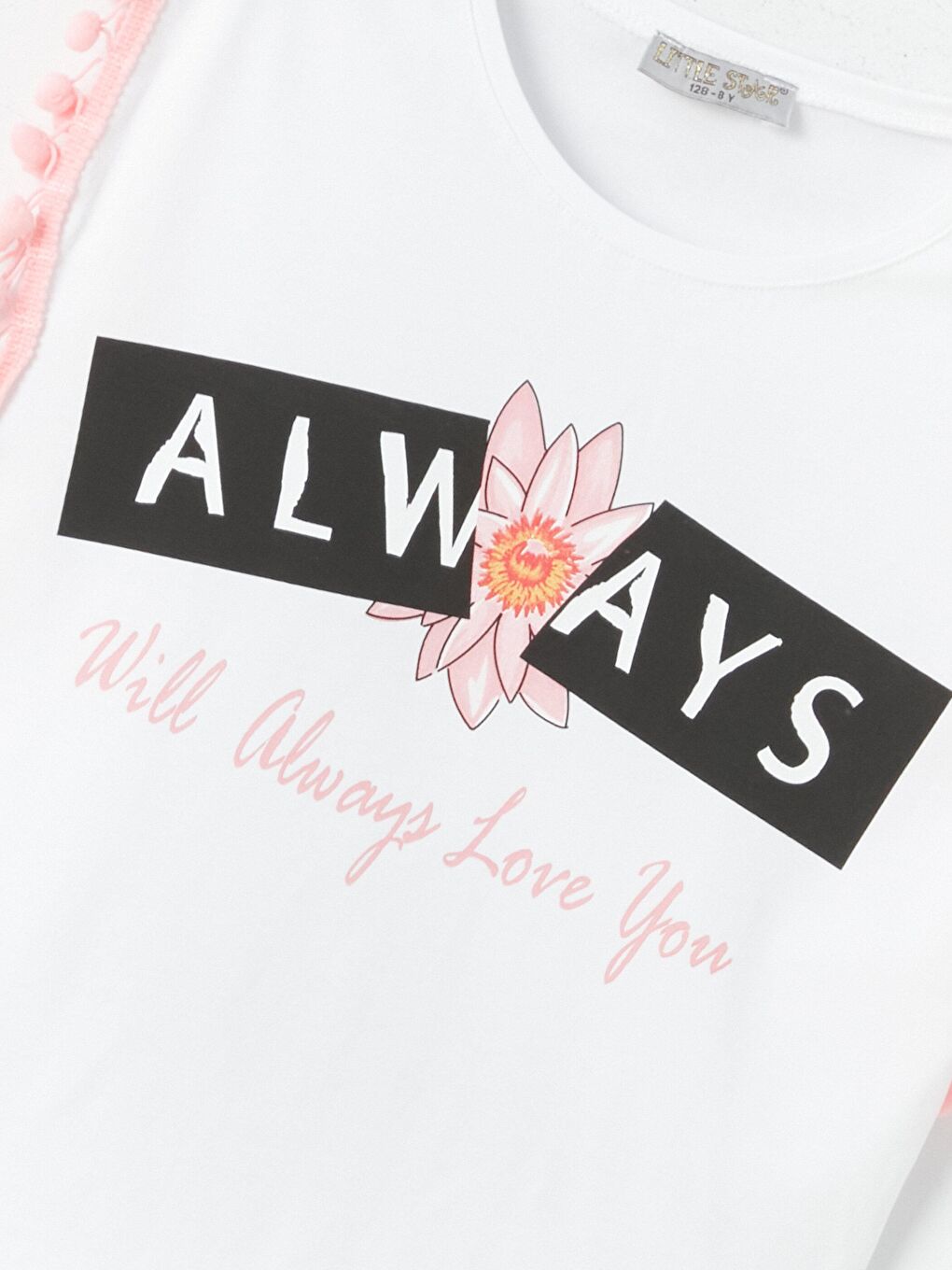 Beyaz Kız Çocuk Ponpon Şeritli T-Shirt-1