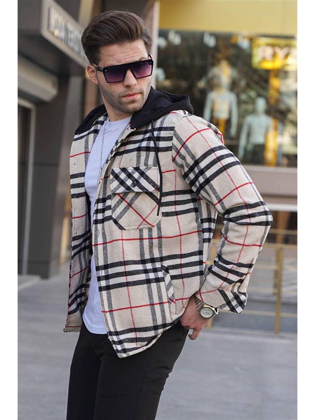 Bej Kapüşonlu Ekoseli Erkek Oduncu Gömlek 5582-1