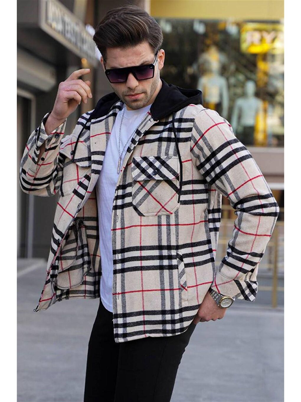Bej Kapüşonlu Ekoseli Erkek Oduncu Gömlek 5582-2