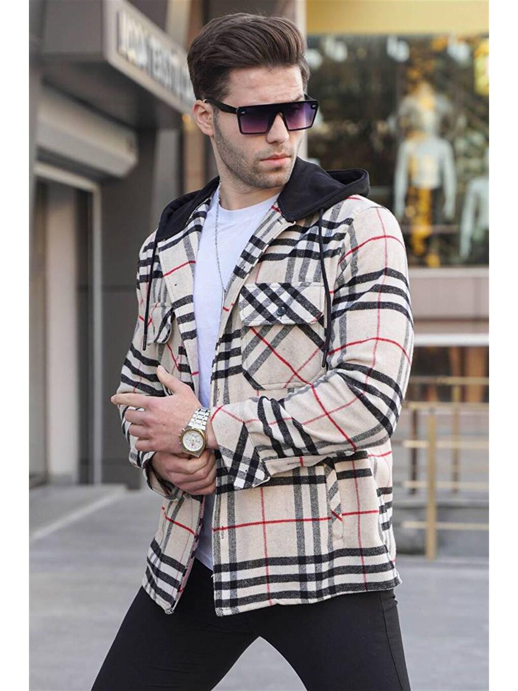 Bej Kapüşonlu Ekoseli Erkek Oduncu Gömlek 5582-3
