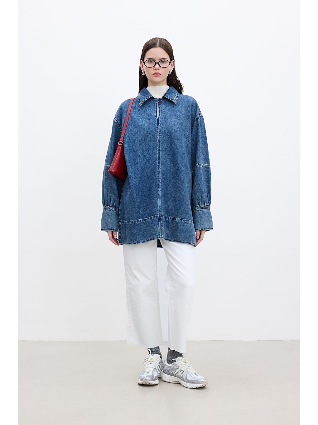 Geniş Manşetli Denim Gömlek Mavi-1