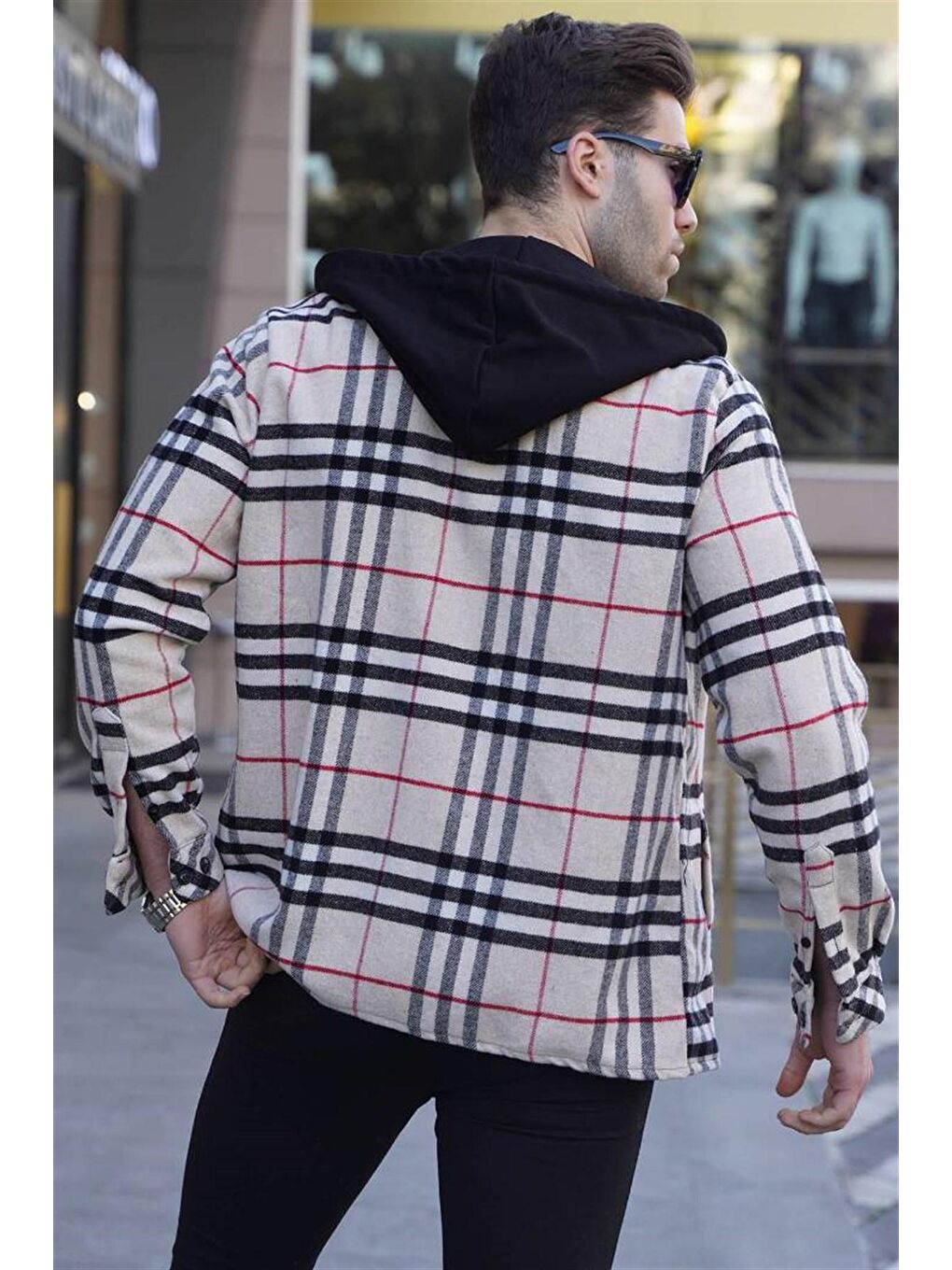 Bej Kapüşonlu Ekoseli Erkek Oduncu Gömlek 5582-4